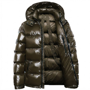 Luxury Style Dark Green Glossy Bubble Puffer Jacket Men Thick <b>Down</b> Filled Hooded Coat Wholesale Bulk Order Supplier - Product Image 1