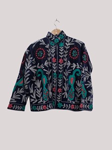 Chaqueta de Terciopelo con Bordado Floral a Mano, Cuello Mandarín, Manga Larga, Talla Grande, Estilo Otoñal para Mujer - Product Image 1