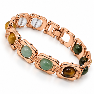 Pulsera de Metal Color Oro Rosa al por Mayor con Cuentas de Piedras Preciosas Naturales de Pirita, Jade Verde, Citrino y Cuarzo Transparente para Hombres y Mujeres - Product Image 3