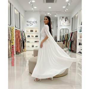 Elegant White Chiffon Maxi <b>Dress</b> with Cape Sleeves - Deep V-Neck Empire Waist Evening Gown <b>for</b> <b>Parties</b> and Weddings - Product Image 4