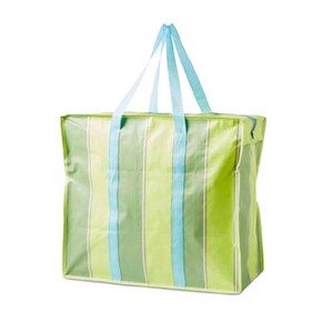 Striped Printed Green Water Resistant Canvas Tote Bag Blue Handles Polyester Material Large Capacity Eco Friendly Promotional - Product Image 1