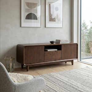 Meuble TV en chêne avec portes, tiroir et étagères ouvertes - Design moderne du milieu du siècle pour salon, compatible avec les téléviseurs de 65 pouces et plus - Product Image 5