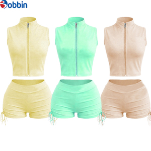 Conjunto de 2 Piezas de Chaqueta Corta y Pantalones Cortos Deportivos Casuales de Moda Hip Hop, Ajustados, de Spandex/Poliéster, con Cierre, para Mujer, Verano - Product Image 5