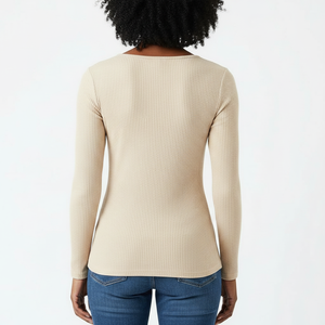 Women's Athleisure Ribbed Long Sleeve Top Snap Button Notch Neck Soft Stretch Fabric Custom <b>Label</b> OEM Wholesale Supplier - Product Image 2