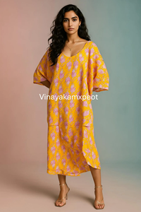 Kaftan Midi Jaune Moutarde Écologique et Vibrant, Style Décontracté, Charme Artisanal, Col en V, Manches Larges Style Kimono - Product Image 6