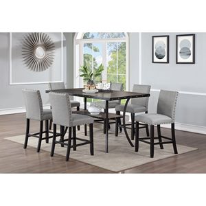 Set da Pranzo Moderno Classico 7 Pezzi in Legno Naturale con 6 Sedie Alte con Rivestimento in Tessuto Grigio e Dettagli Chiodati e Ripiano Portaoggetti - Product Image 1