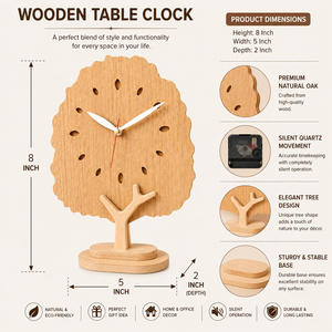 Horloge de bureau 8 pouces en chêne naturel, horloge de table silencieuse à mouvement à quartz, élégante horloge de bureau en bois sur pied pour la décoration de la maison et du bureau - Product Image 2