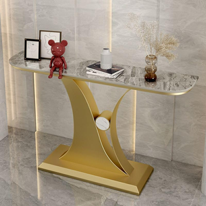 Console élégante en marbre gris avec une base en métal doré au design artistique, disponible à prix de gros. - Product Image 1