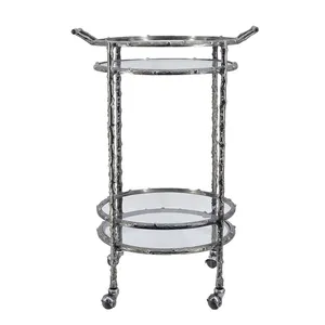 Chariot roulant rond en métal avec étagères en verre, motif végétal vintage, support utilitaire durable pour les fêtes - Product Image 5