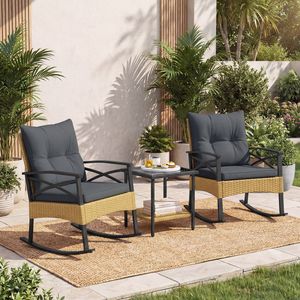 Ensemble de 3 chaises à bascule en rotin d'extérieur avec table d'appoint à 2 niveaux pour jardin et cour - Product Image 6
