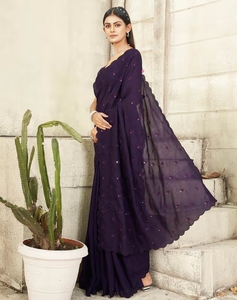 Sari morado KV bordado con blusa sin coser - Product Image 2