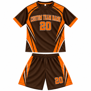 Ensemble de maillot de football, couleur marron et orange, blocs de couleurs sublimés, évacuation de l'humidité, 100% polyester, manches courtes, coupe classique pour homme - Product Image 1