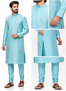 Traditional <b>Men</b> <b>Kurta</b> Pajama Sky Blue Silk Blend Long <b>Kurta</b> Set Ethnic Festival Wedding Wear Party Dress B2B Wholesale - Product Image 3