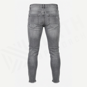 Jean en denim gris déchiré et délavé pour homme, coupe slim taille haute, style décontracté automne, pantalon droit en coton - Product Image 2