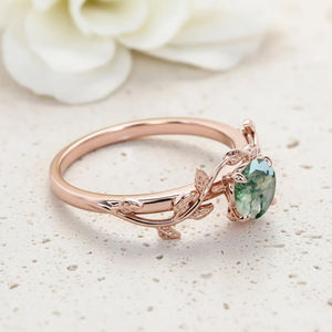 Bague en Agate Mousse Naturelle en Gros, Plaqué Or Rose Argent Sterling 925, Bijou de Fiançailles, Mariage ou Promesse pour Femme - Product Image 3