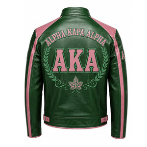 เสื้อแจ็คเก็ตหนังสีเขียวชมพูปักลาย Alpha Kapa Alpha AKA สไตล์นักขี่มอเตอร์ไซค์สำหรับผู้ชาย แบบซิป คอตั้ง - Product Image 3