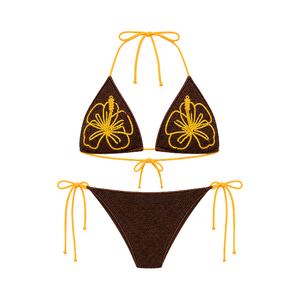 Conjunto de Bikini con Cuentas de Color Amarillo, Bordado de Cara de Dibujos Animados, Cuello Halter y Cordones, Ropa de Playa de Verano para Mujeres y Niñas - Product Image 5