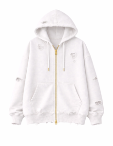 Sweat à capuche unisexe blanc uni, effet vieilli, zippé, coupe oversize, style vintage, déchiré, en molleton, streetwear, avec poches - Product Image 2