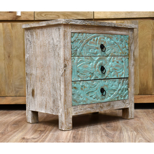 Hand Carved Solid Mango Wood Accent Cabinet 3 <b>Drawers</b> White Finish Farmhouse Style Nightstand for Home Office Hotel Bedroom - Product Image 2