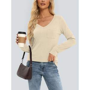 2025 2025 femmes à la mode hiver habillé hauts lâche col en v à manches longues chemises avec poches basique tenues décontractées - Product Image 3