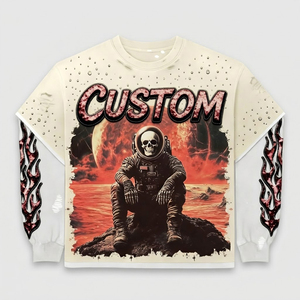 T-shirt Y2K personnalisé de qualité supérieure, motif crâne d'astronaute surdimensionné, manches doubles, strass, streetwear, fournisseur de marque privée SHH - Product Image 1
