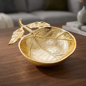 Cuenco Redondo Dorado con Diseño de Hojas y Vetas, Cuenco Decorativo de Metal para Centro de Mesa, Decoración del Hogar - Product Image 6