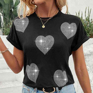 Women's <b>Black</b> Short Sleeve T-Shirt With Rhinestone Heart Print Loose Fit Casual O-Neck Jersey <b>Top</b> Spring <b>Summer</b> Wear - Product Image 5