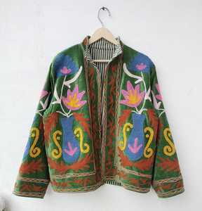 Premium Dynamic Statement Piece <b>Velvet</b> Suzani Embroidered Jacket Flower Vase Boho Short <b>Coat</b> Long Sleeves Mandarin Collar Blazer - Product Image 2