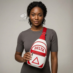 Delta | Sigma | Theta Sorority White Red Color Block PU Leather Crossbody <b>Bag</b> Adjustable Strap Multi-Compartment <b>Sling</b> Backpack - Product Image 6