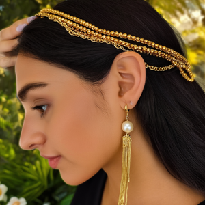 Golden Pearl Hair Chain Tassel Earrings - Product Image 3