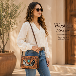Sac bandoulière artisanal en cuir de vachette à poils, style western, motif floral, accent turquoise, sangle réglable, pour femme - Product Image 3