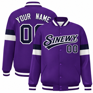 Custom Men's <b>Purple</b> <b>Varsity</b> <b>Jacket</b> With Name And Number Silk Screen Printed Front And Back Preppy Style Button Front Outerwear - Product Image 1
