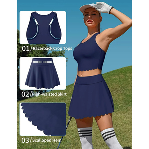 Women's <b>Navy</b> Blue Tennis Crop <b>Top</b> And Skirt Set Round Neck Sleeveless Moisture Wicking Breathable Summer Sport Wear - Product Image 6