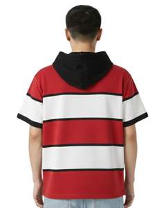 Camiseta con Capucha Personalizada para Hombre, a Rayas Rojas, Blancas y Negras, de Manga Corta, con Capucha en Contraste, Cordón y Bolsillo, Estilo Casual Urbano, Top de Verano - Product Image 5