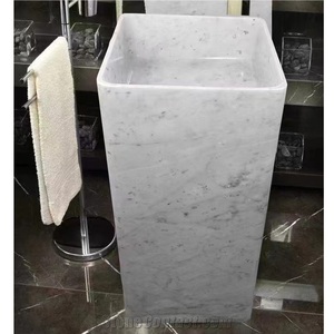 Lavabo de Pedestal de Mármol Facetado, Lavabo de Piedra Sobre Encimera con Diseño Vertical Moderno, Incluye Desagüe para Uso en Almacenes - Product Image 2