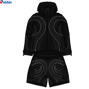 Conjunto Deportivo Cortavientos para Hombre, Sudadera con Capucha y Cierre, Diseño Geométrico Negro, Pantalones Cortos de Secado Rápido, Tejido de Punto, para Verano - Product Image 1