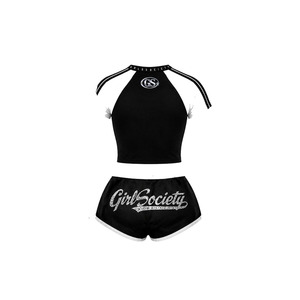 Ensemble 2 pièces Black Girl Society en coton 100% : débardeur et short, avec motif lettres en strass, crop top dos nu, séchage rapide, pour l'été et le sport - Product Image 2