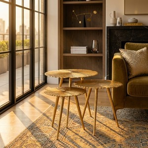 Juego de Mesas de Centro Apilables con Diseño de Hojas Doradas, Estilo Moderno de Mediados de Siglo, Muebles para Sala de Estar con Estructura Metálica, Mesas Redondas - Product Image 3