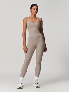 Two Piece Summer Lightweight Fitness Outfit V-neck Crop Tank <b>Top</b> Soft Naked Feel <b>Compression</b> Running Tights Activewear - Product Image 1