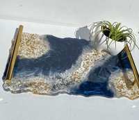 Plateau de service décoratif en résine avec poignée métallique, plateaux de rangement, plateau de luxe en résine époxy sans poignée, fournisseur en gros