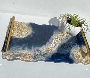 Plateau de service décoratif en résine avec poignée métallique, plateaux de rangement, plateau de luxe en résine époxy sans poignée, fournisseur en gros - Product Image 3