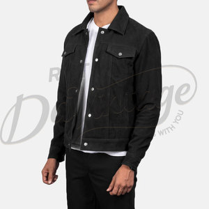 Chaqueta de camionero de cuero de gamuza negra para hombre, estilo clásico con botones, corte ajustado, estilo vaquero, gamuza auténtica, ropa exterior informal a la moda. - Product Image 4