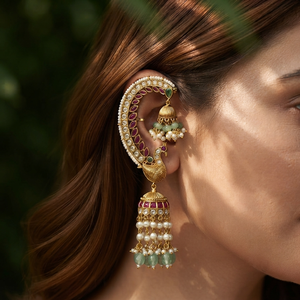 Traditional Imitation Antique Gold Plated Style Kundan Peacock Emerald Cut <b>Ear</b> <b>Cuff</b> Jhumka <b>Earrings</b> Pearl Beads Drop for Women - Product Image 1