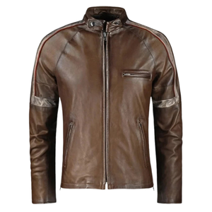 <b>Mens</b> Brown Genuine Leather Streetwear <b>Jacket</b> <b>White</b> Grey Sleeve Stripes Stand Collar Zip Front Chest Pocket Premium OEM Outerwear - Product Image 1