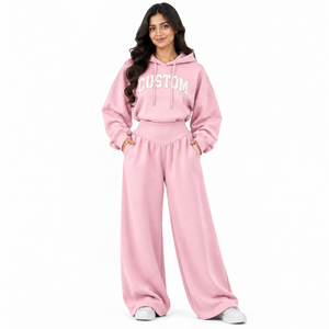 2027 Trendy <b>Women</b> Pink Crop Hoodie Wide Leg Sweatpants Tracksuit Heavyweight Fleece Hooded <b>Sweatsuit</b> Printed Arch Puff Logo Sets - Product Image 1