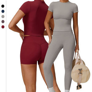 Solid Color Yoga Set Crew Neck Racerback Crop <b>Top</b> High Waist Shorts 2 Piece Seamless Spandex Polyester Anti-Bacterial Four-Way - Product Image 4