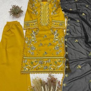 Premium Roman Fabric Embroidered Kurti Palazzo Set with Georgette Dupatta GPO Lace Work Fully <b>Stitched</b> Women's Ethnic - Product Image 3