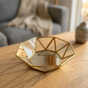 Artisan Design Brass Framed Geometric Glass <b>Storage</b> <b>Tray</b> Polygonal Minimalist Design Table Organizer Single Tier Jewelry TRA - Product Image 5