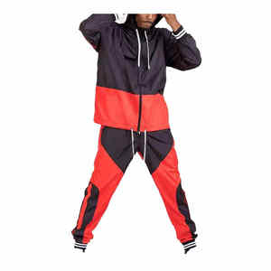 Ensemble de survêtement coupe-vent à capuche pour homme, noir et rouge, avec fermeture éclair, style sportif, pour l'automne, coupe classique, veste et pantalon en polyester - Product Image 1