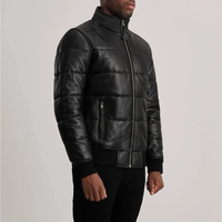 Blouson matelassé en cuir véritable noir pour homme, col rond, fermeture éclair, coupe-vent, hiver, coupe ajustée, séchage rapide, style motard, nylon